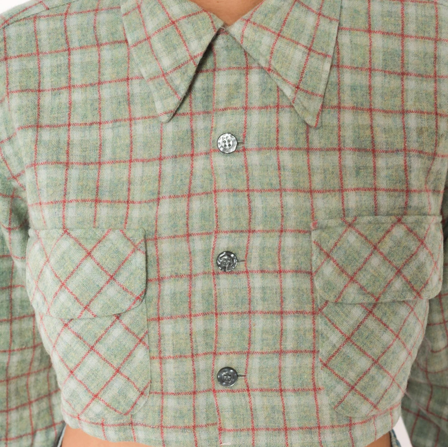 60s Towncraft Cropped Plaid Wool Shirt Sage Green Red Windowpane Medium