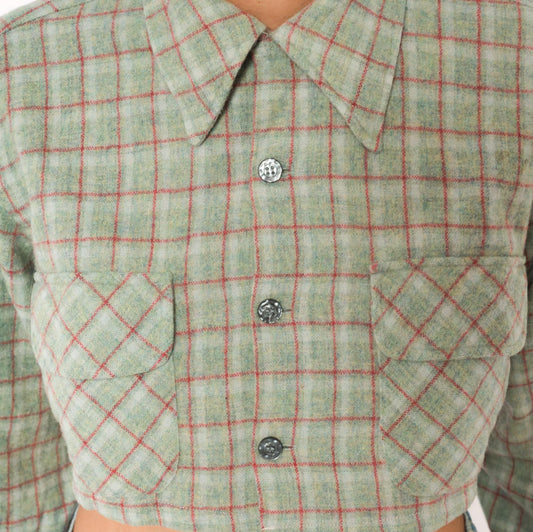 60s Towncraft Cropped Plaid Wool Shirt Sage Green Red Windowpane Medium