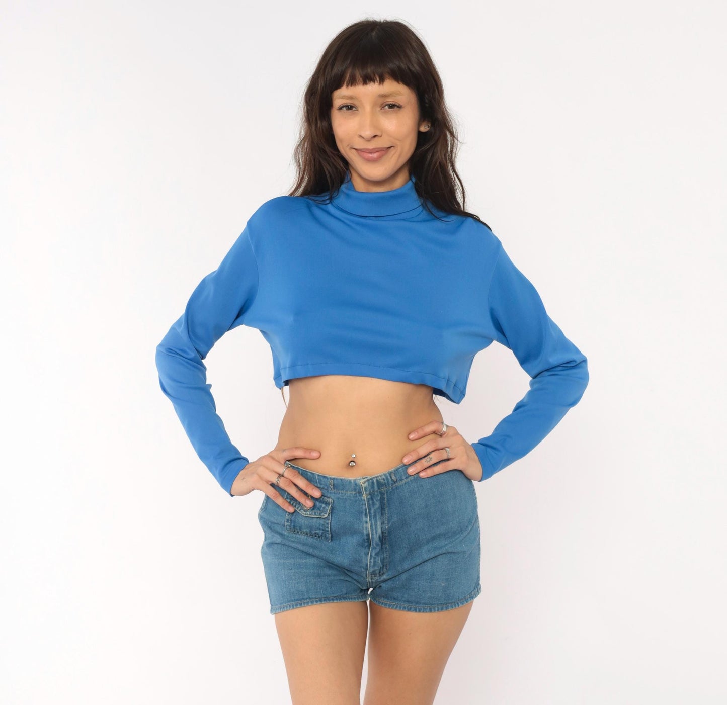 70s Cornflower Blue Crop Top Long Sleeve Mock Neck Back Zip Medium