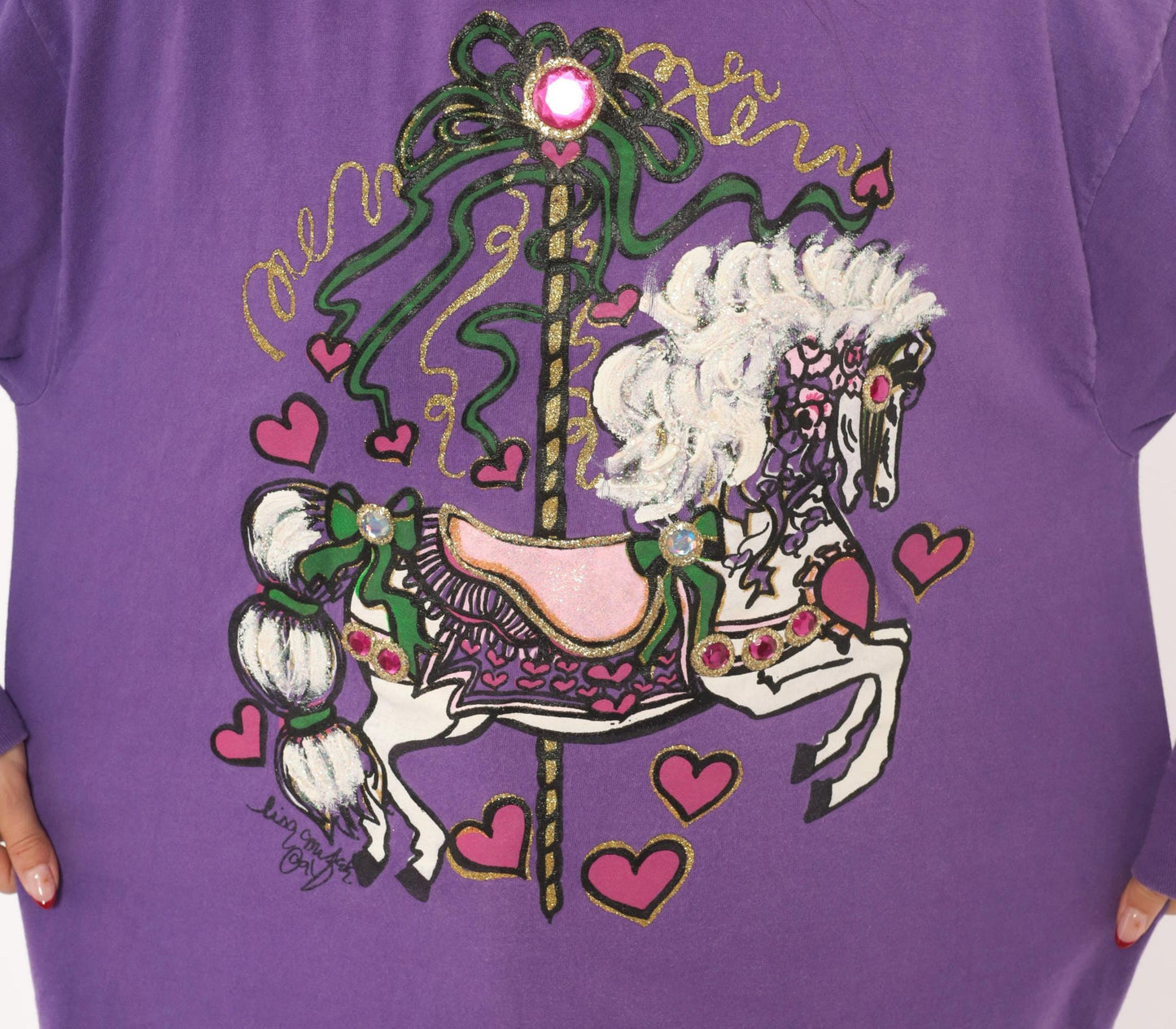 90s Anvil Carousel Horse Purple Glitter Long Sleeve Tee Extra Large
