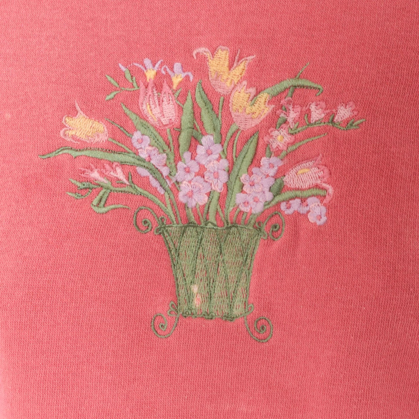 90s Floral Embroidered Sweatshirt Rose Pink Tulip Basket Cotton Medium