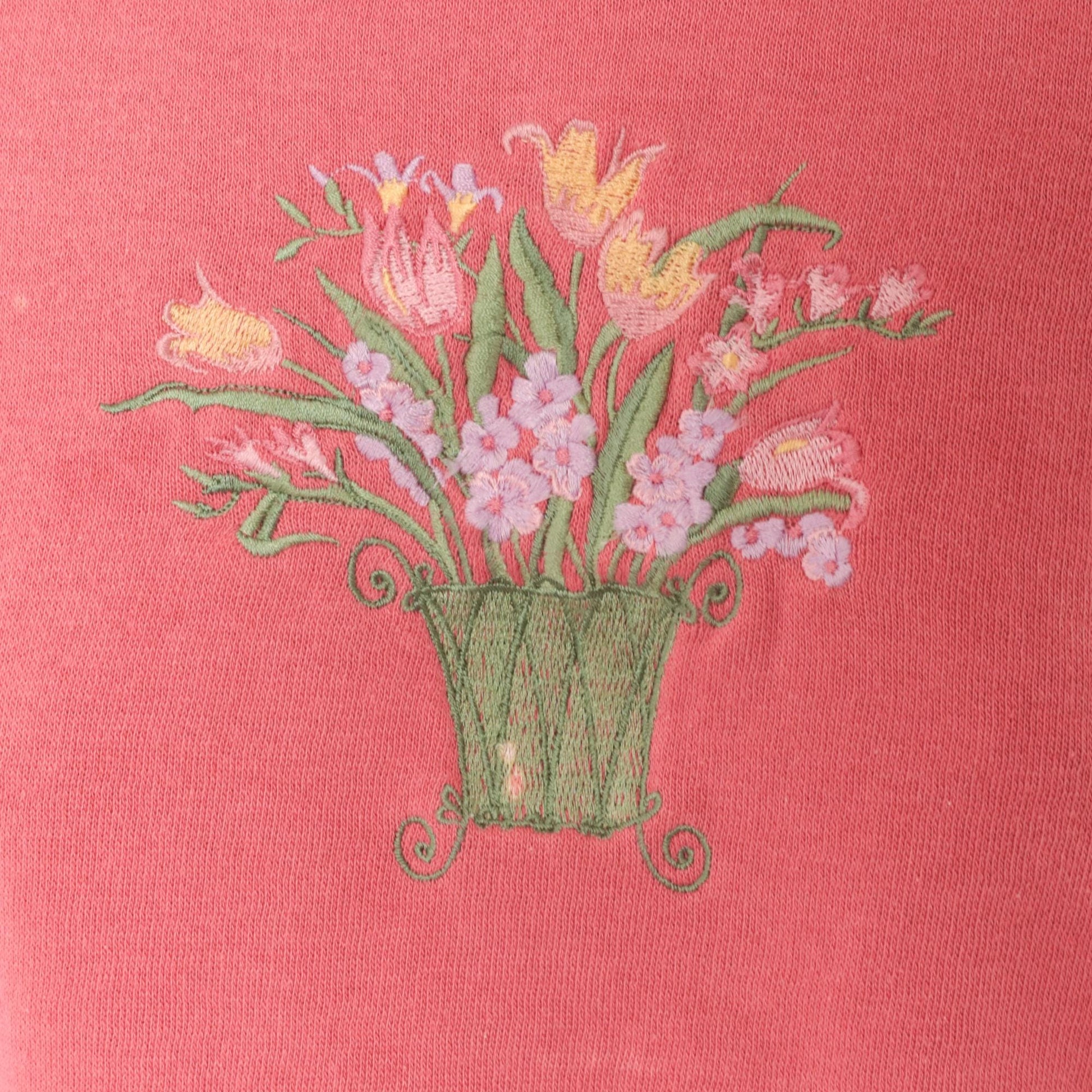 90s Floral Embroidered Sweatshirt Rose Pink Tulip Basket Cotton Medium