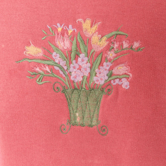 90s Floral Embroidered Sweatshirt Rose Pink Tulip Basket Cotton Medium