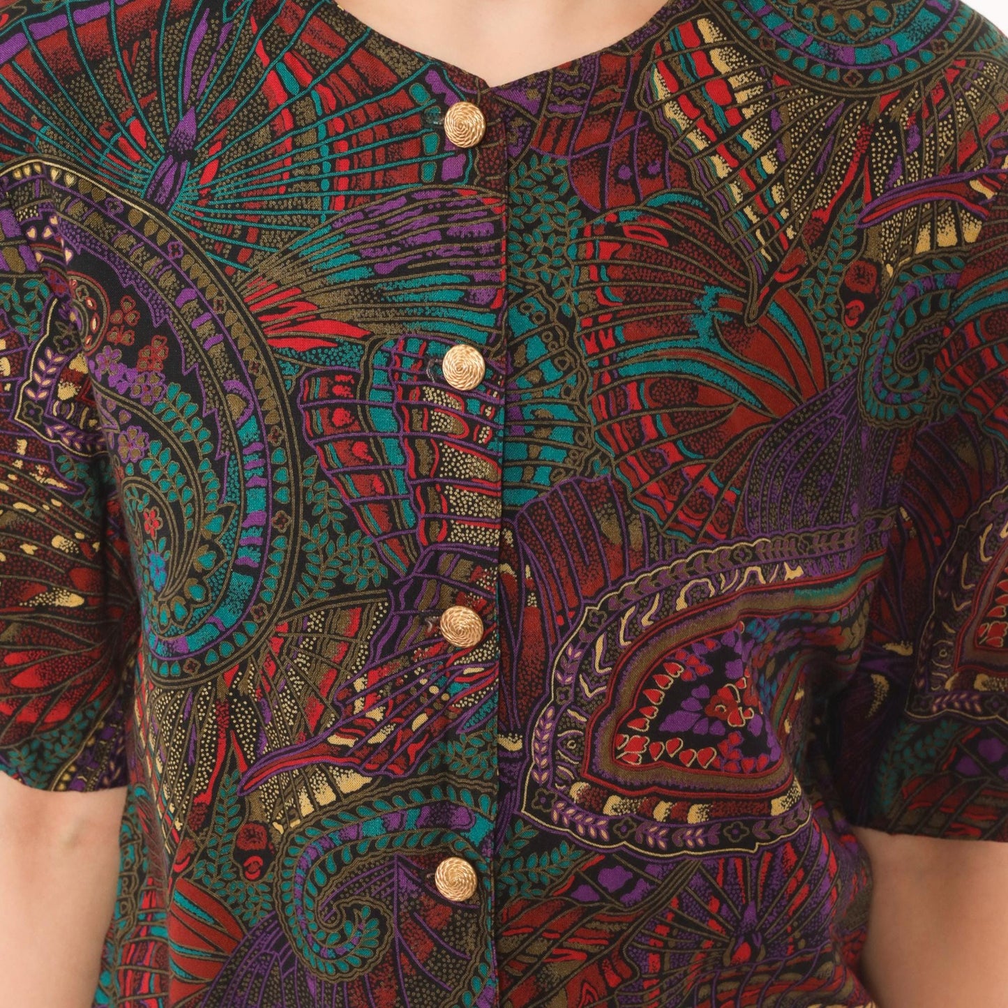 80s Norton Mcnaughton Paisley Button Blouse Teal Purple Gold Small S