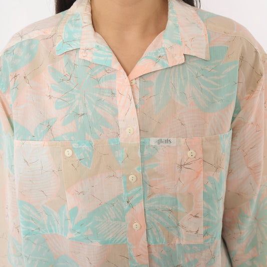 90s Alais Tropical Leaf Camp Collar Shirt Pastel Pink Mint Cotton Medium M