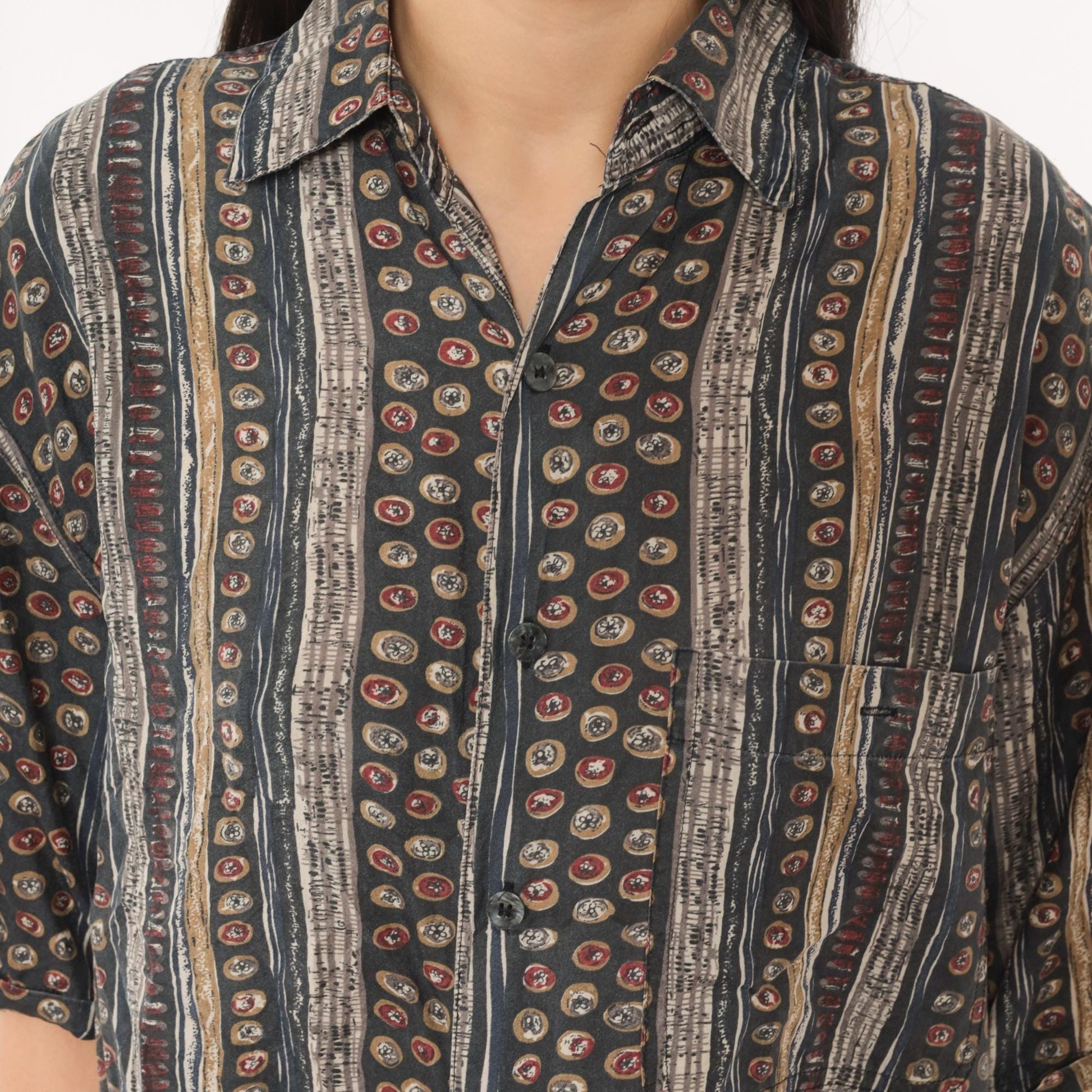 90s Summa Abstract Silk Shirt Grey Burgundy Stripe Camp Collar Small S