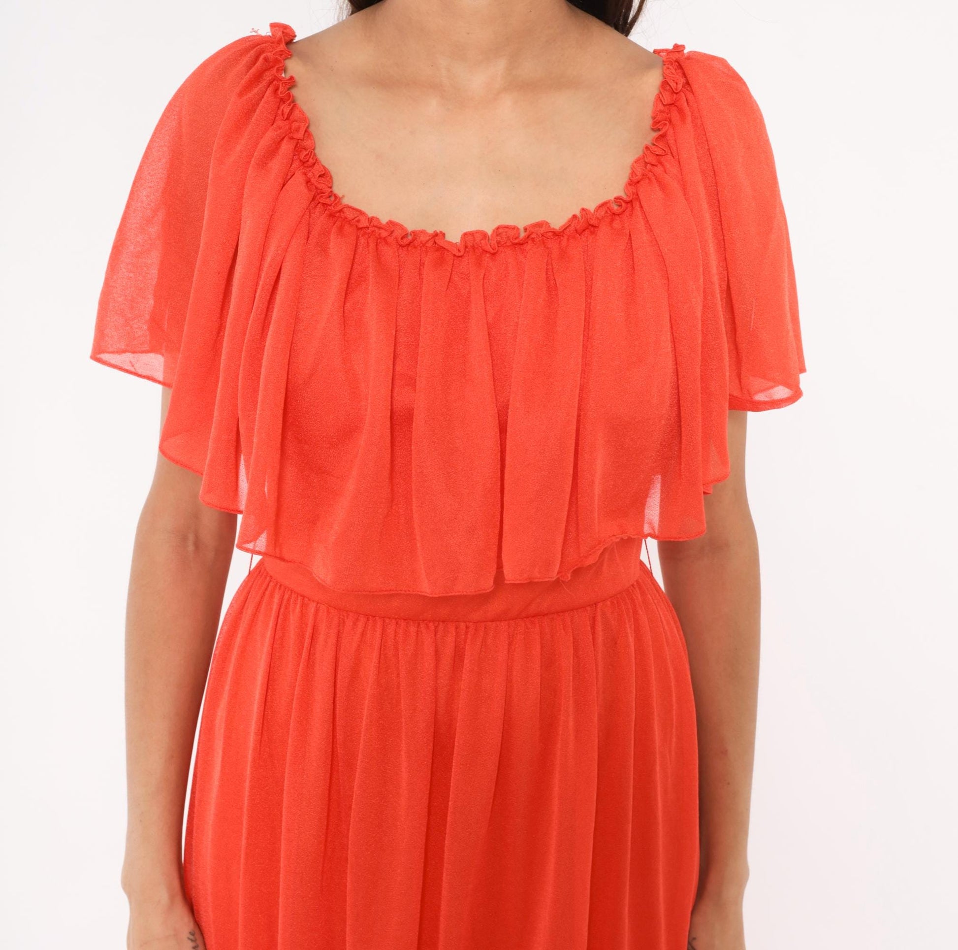 70s Coral Orange Maxi Dress Tiered Ruffle Cape Flutter Sleeve Small