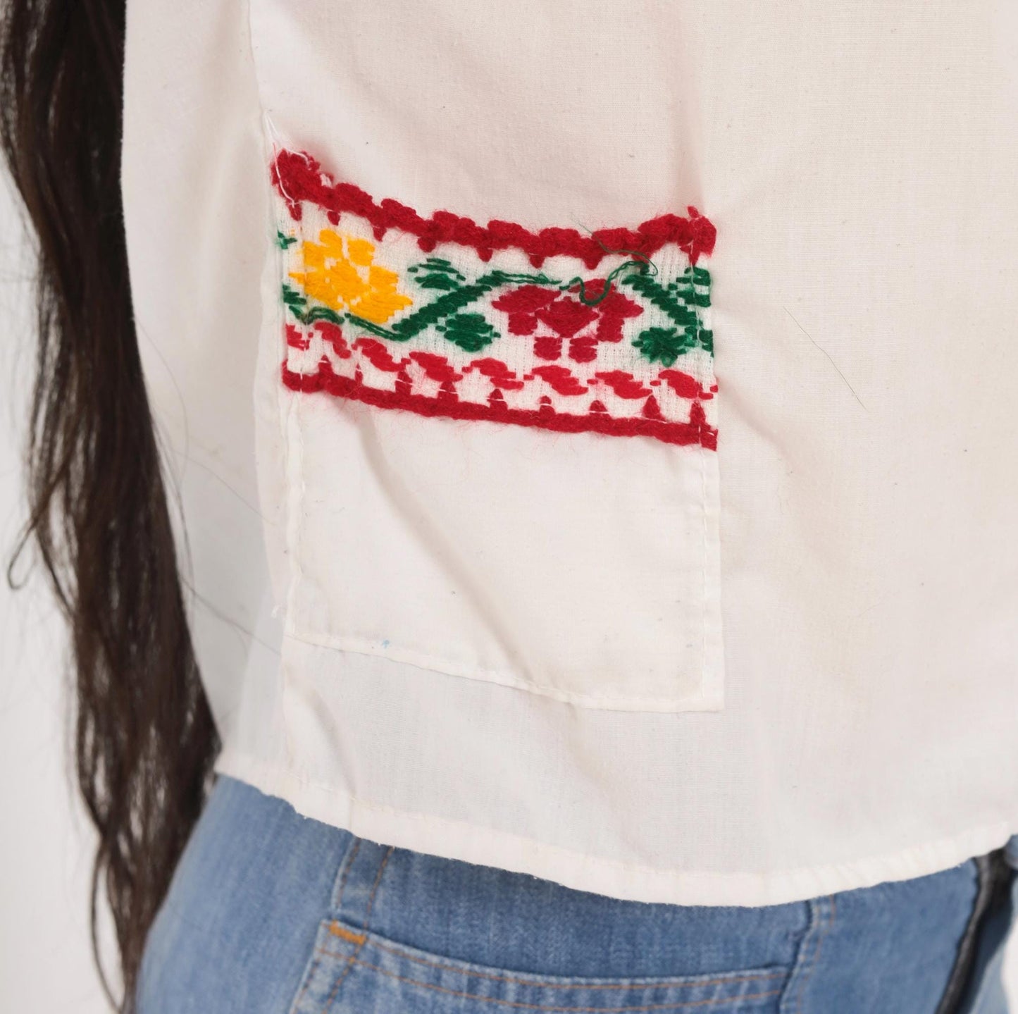80s Mexican Embroidered Cotton Peasant Blouse White Floral Square Neck Extra Small XS