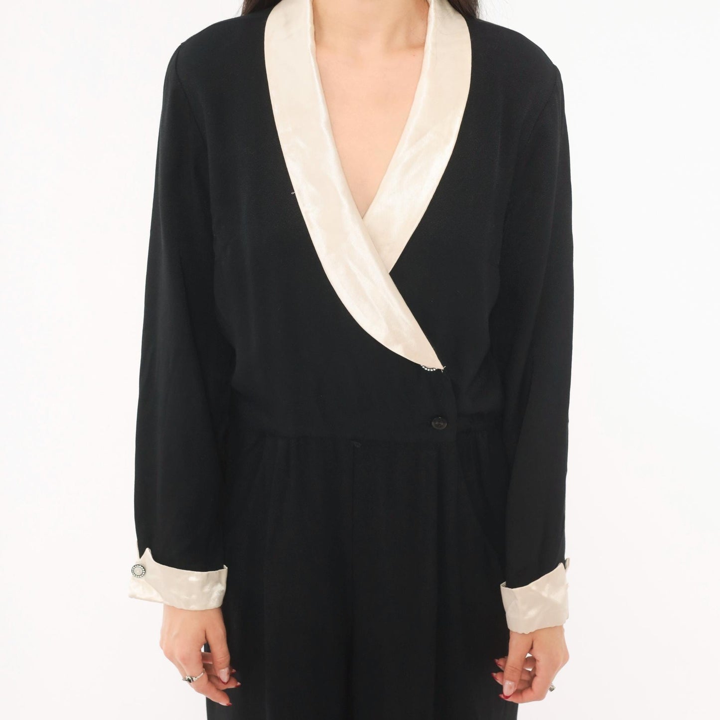 90s RJ & Co Black Jumpsuit Cream Satin Shawl Collar Wrap Front Medium M