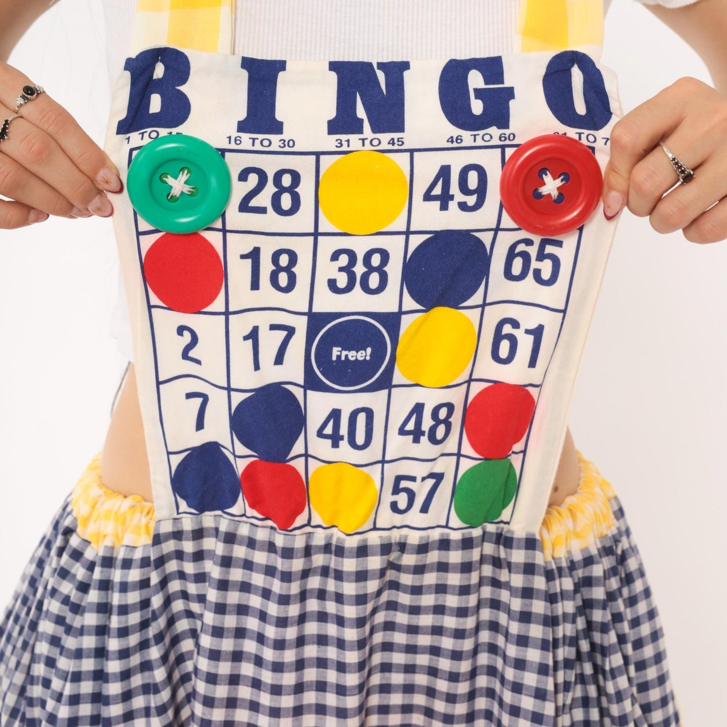 80s Bingo Card Cotton Pinafore Jumper Dress Tiered Gingham Navy Yellow Red Medium Large