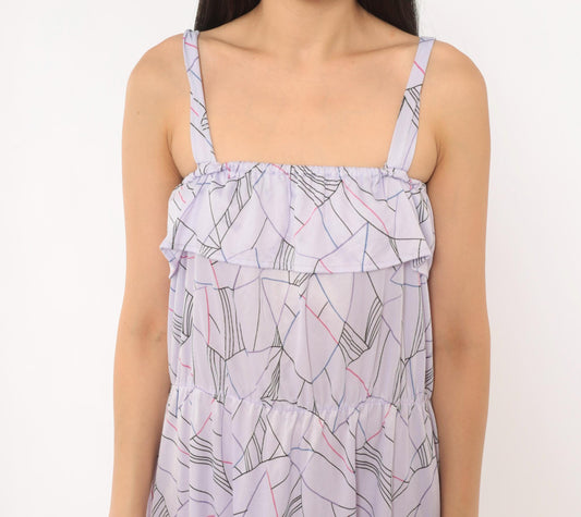 80s Lilac Abstract Geometric Midi Sundress Ruffle Bodice Strappy Small