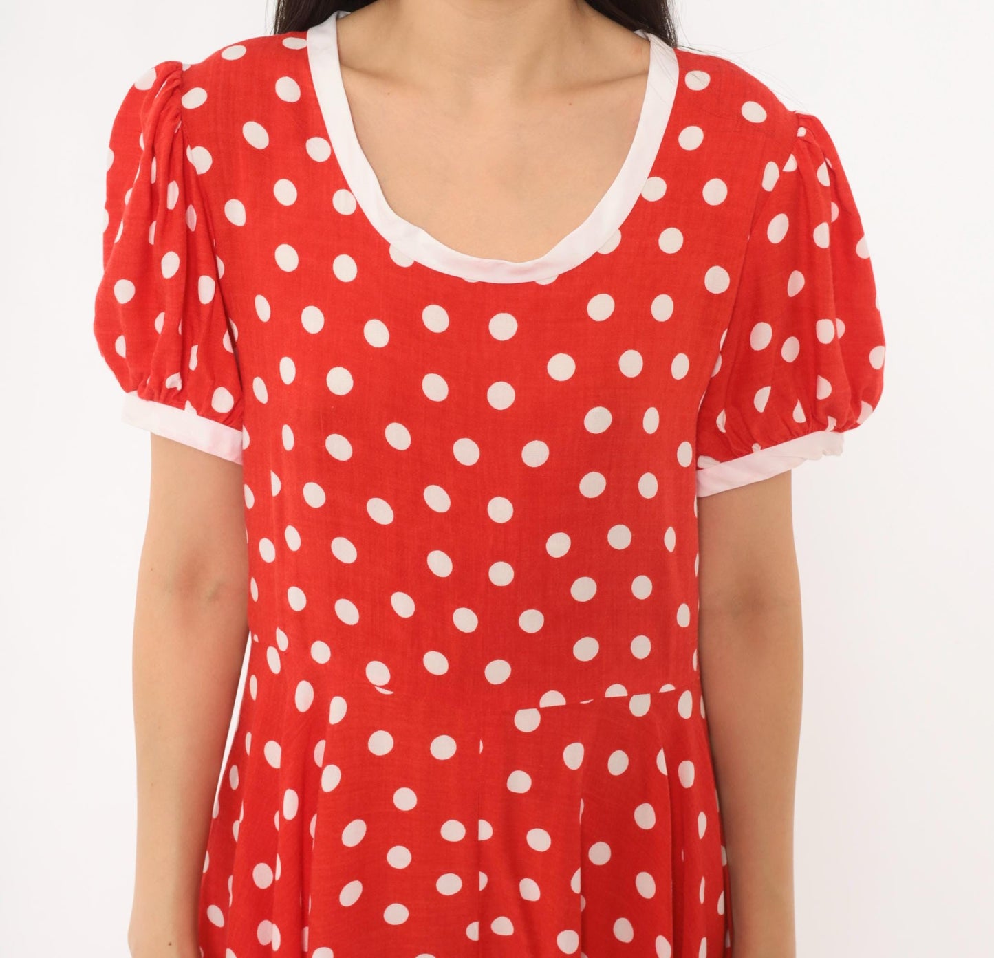 80s Red White Polka Dot Babydoll Dress Puff Sleeve Cotton Swing Mini Small