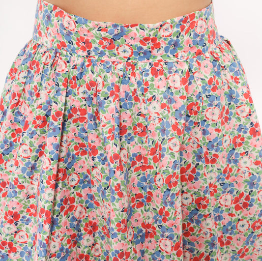 80s Floral Midi Skirt Pink Blue Calico Print High-Rise Pleated Small
