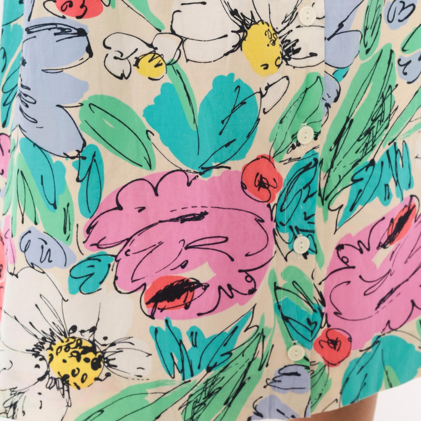 90s Floral Button Front Midi Skirt Cream Watercolor Cotton Small