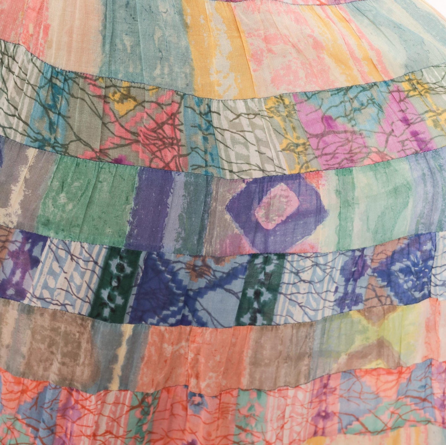 90s Bila California Patchwork Batik Maxi Skirt Tiered Gauze Large