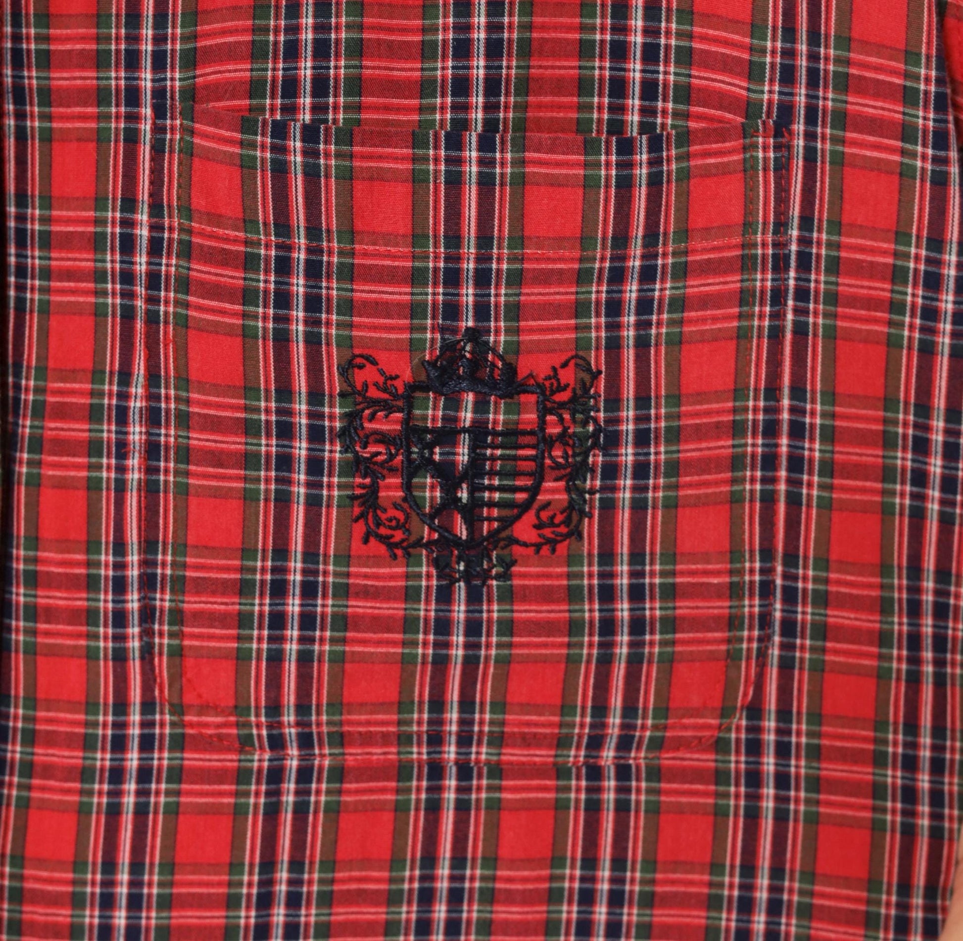 80s Karen Scott Tartan Plaid Button-Up Shirt Red Navy Embroidered Small