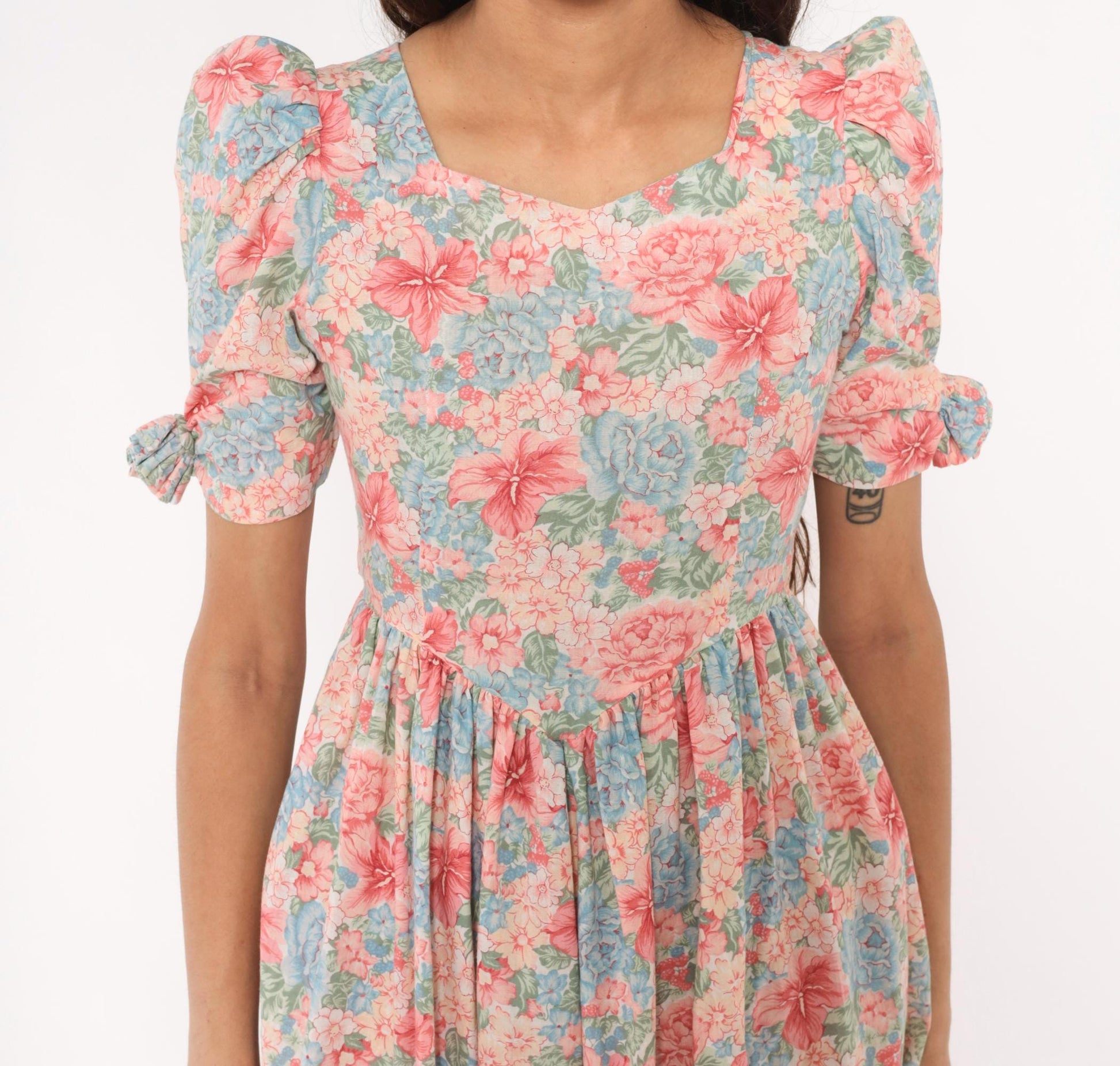 80s Floral Midi Dress Pink Blue Puff Sleeve Sweetheart Cotton XXS