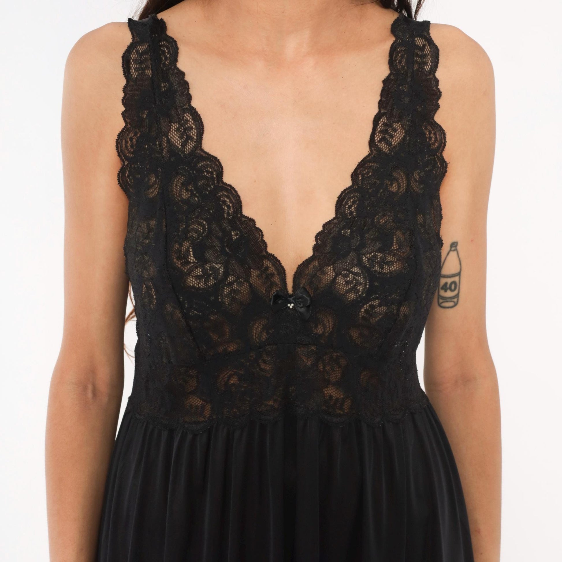 80s Shadowline Black Lace Maxi Nightgown Deep V Sheer Bodice Large L