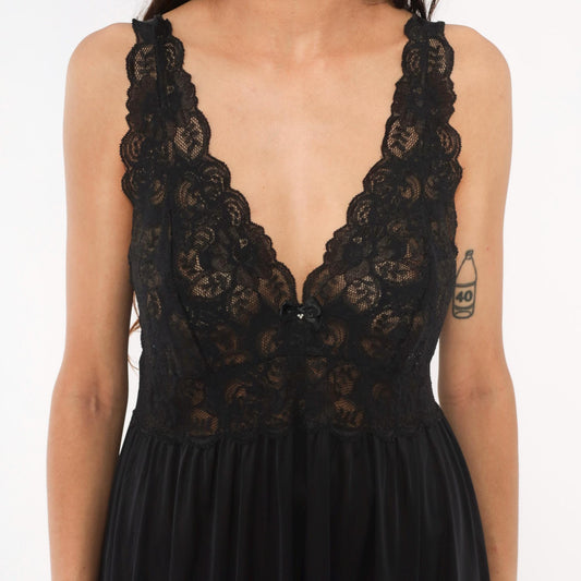 80s Shadowline Black Lace Maxi Nightgown Deep V Sheer Bodice Large L