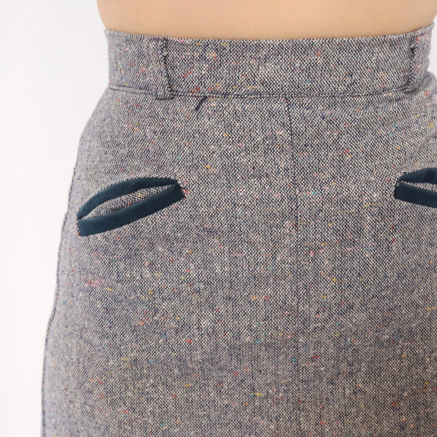 70s Navy Grey Tweed A-Line Skirt High Waist Welt Pocket Wool Blend Extra Small XS