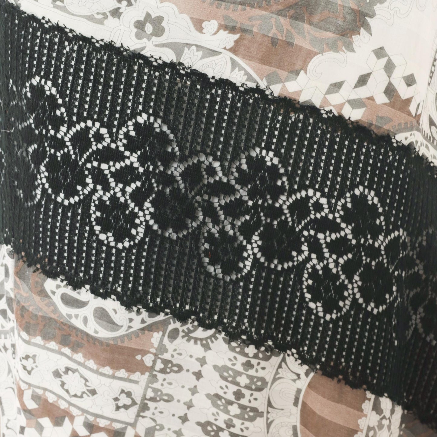 70s Chessa Davis Patchwork Maxi Wrap Skirt Brown Black Paisley Crochet Lace Large L