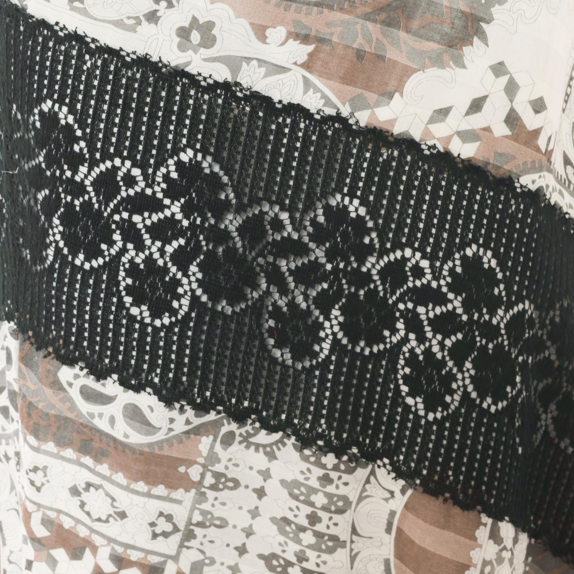70s Chessa Davis Patchwork Maxi Wrap Skirt Brown Black Paisley Crochet Lace Large L
