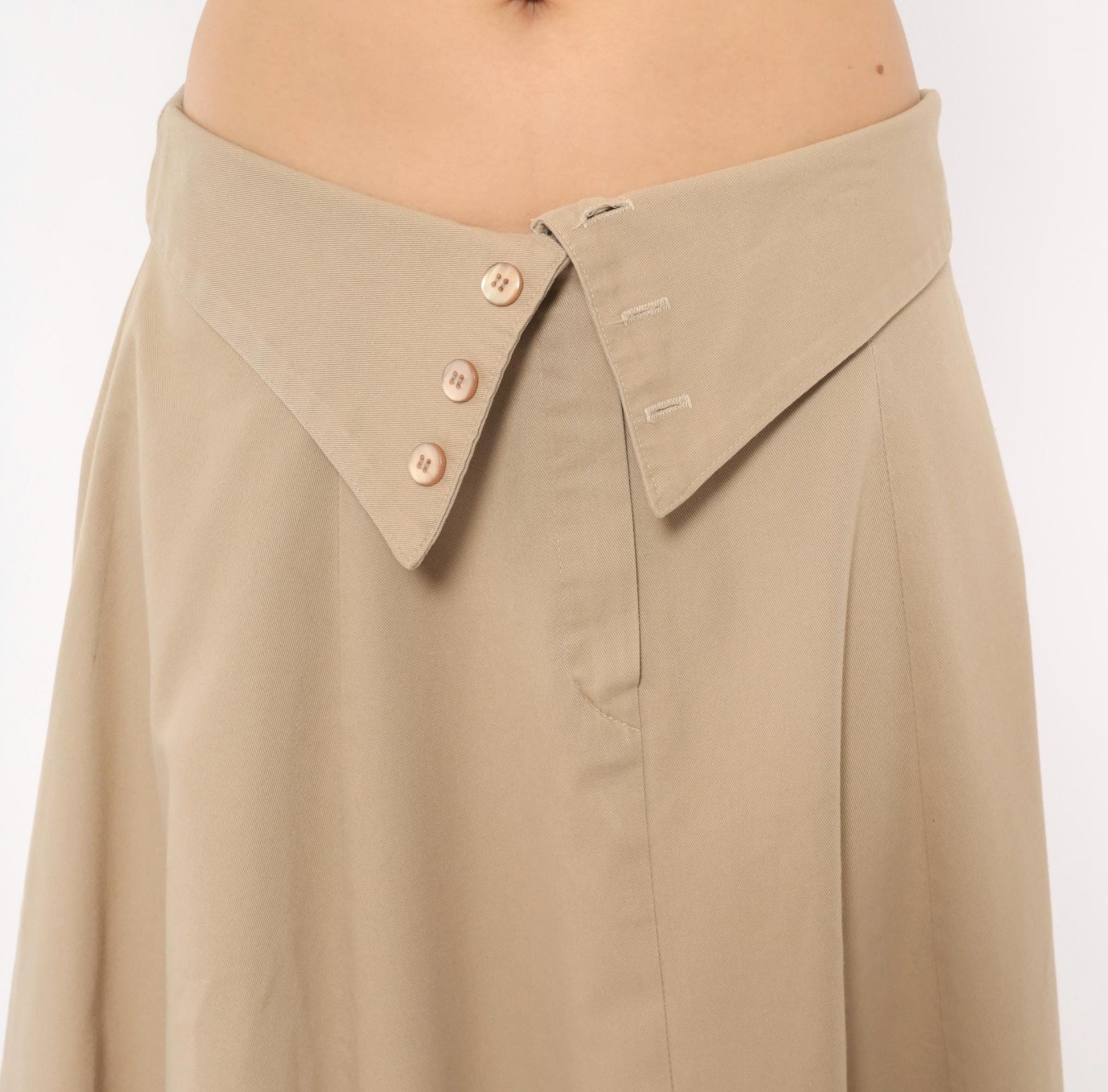 90s Tan A-Line Midi Skirt Fold-Over Waistband Button Front Medium