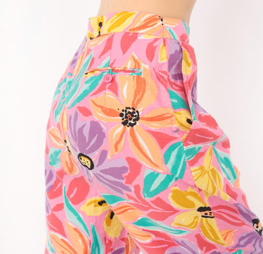 90s Charles Glueck Tropical Floral Tapered Pants Pink Purple High Waist Small
