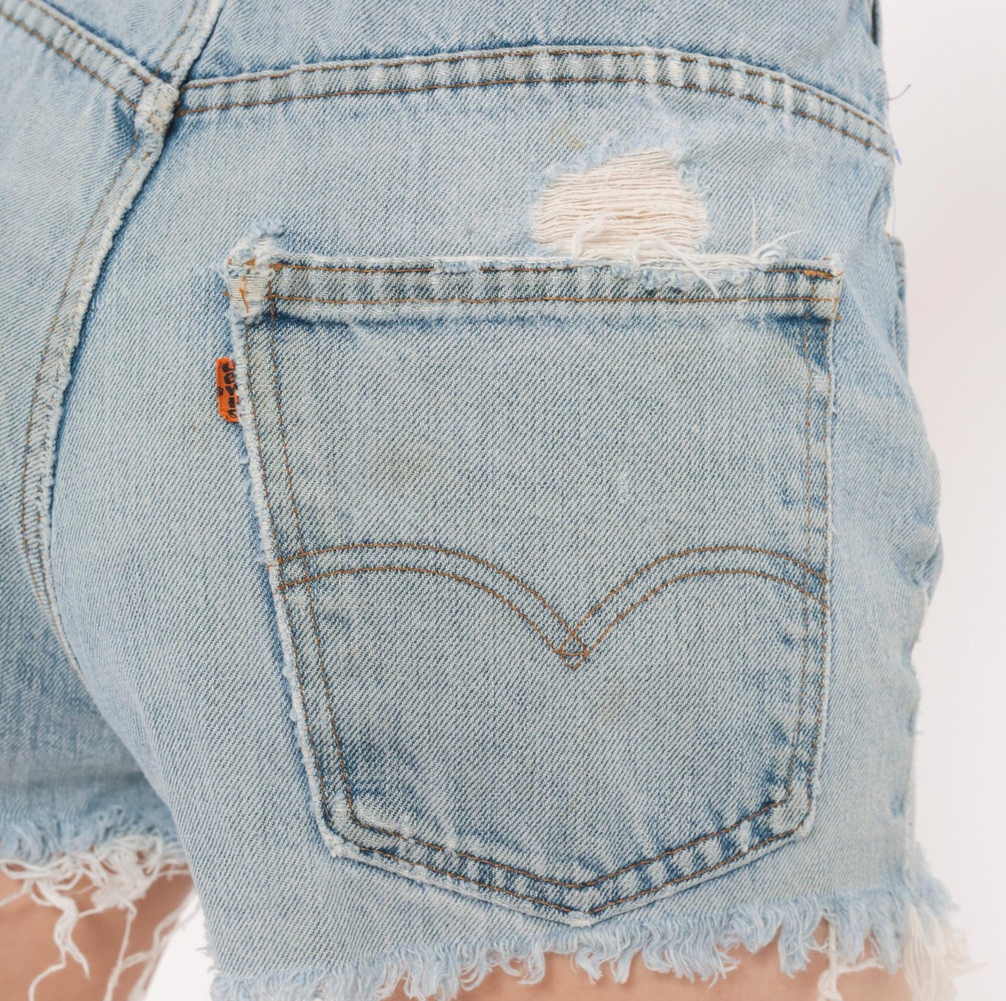 80s Levi's Cutoff Denim Shorts Light Wash High Rise Patched Distressed 32