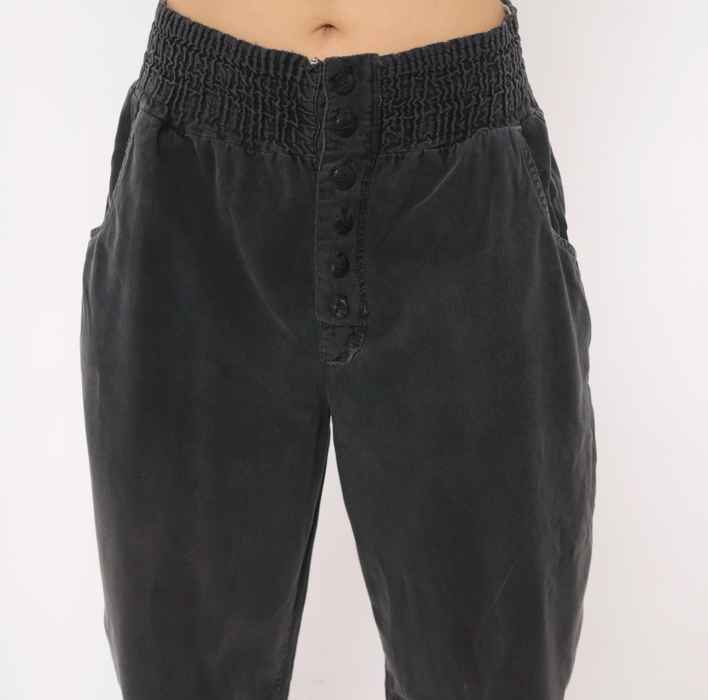 90s Smocked Waist Tapered Trouser Grey Cotton High Rise Button Fly Medium M