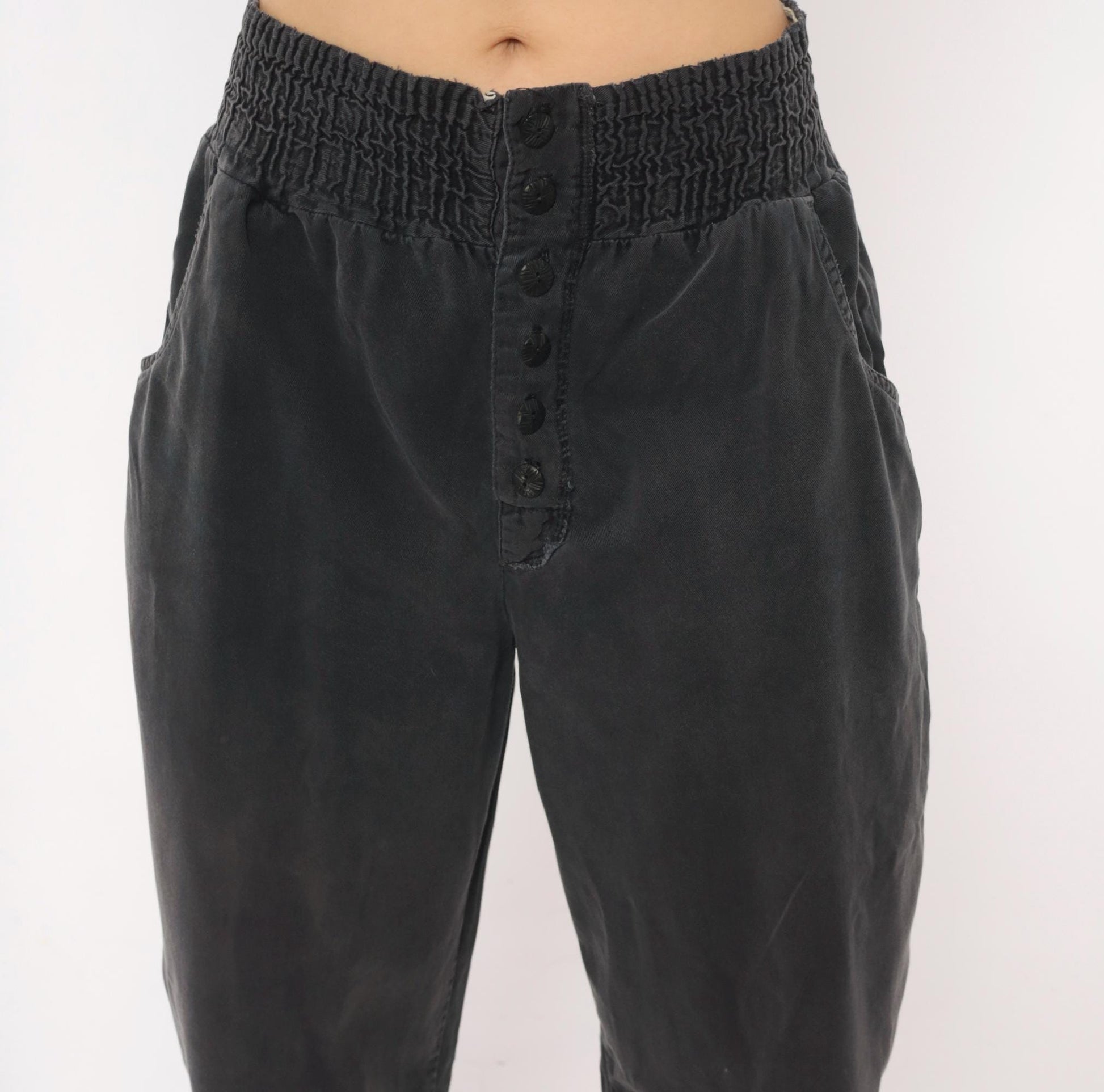 90s Smocked Waist Tapered Trouser Grey Cotton High Rise Button Fly Medium M