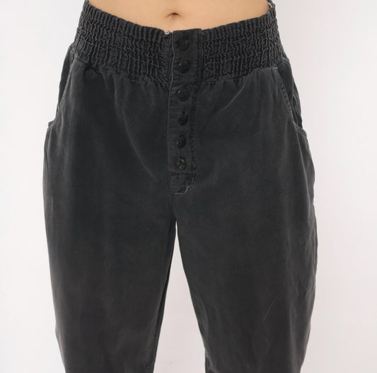 90s Smocked Waist Tapered Trouser Grey Cotton High Rise Button Fly Medium M