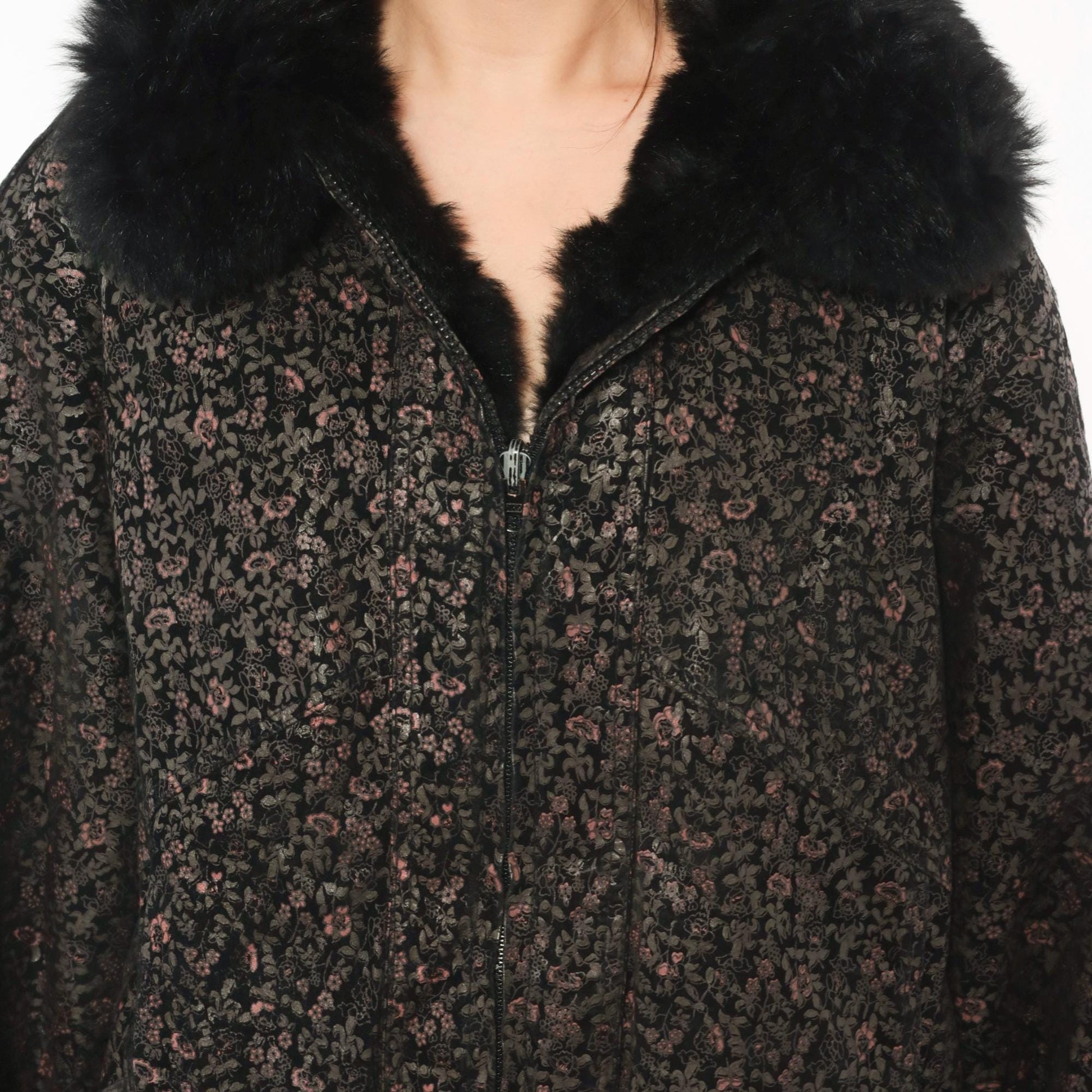 90s Black Floral Suede Bomber Jacket Faux Fur Collar Pink Extra Large