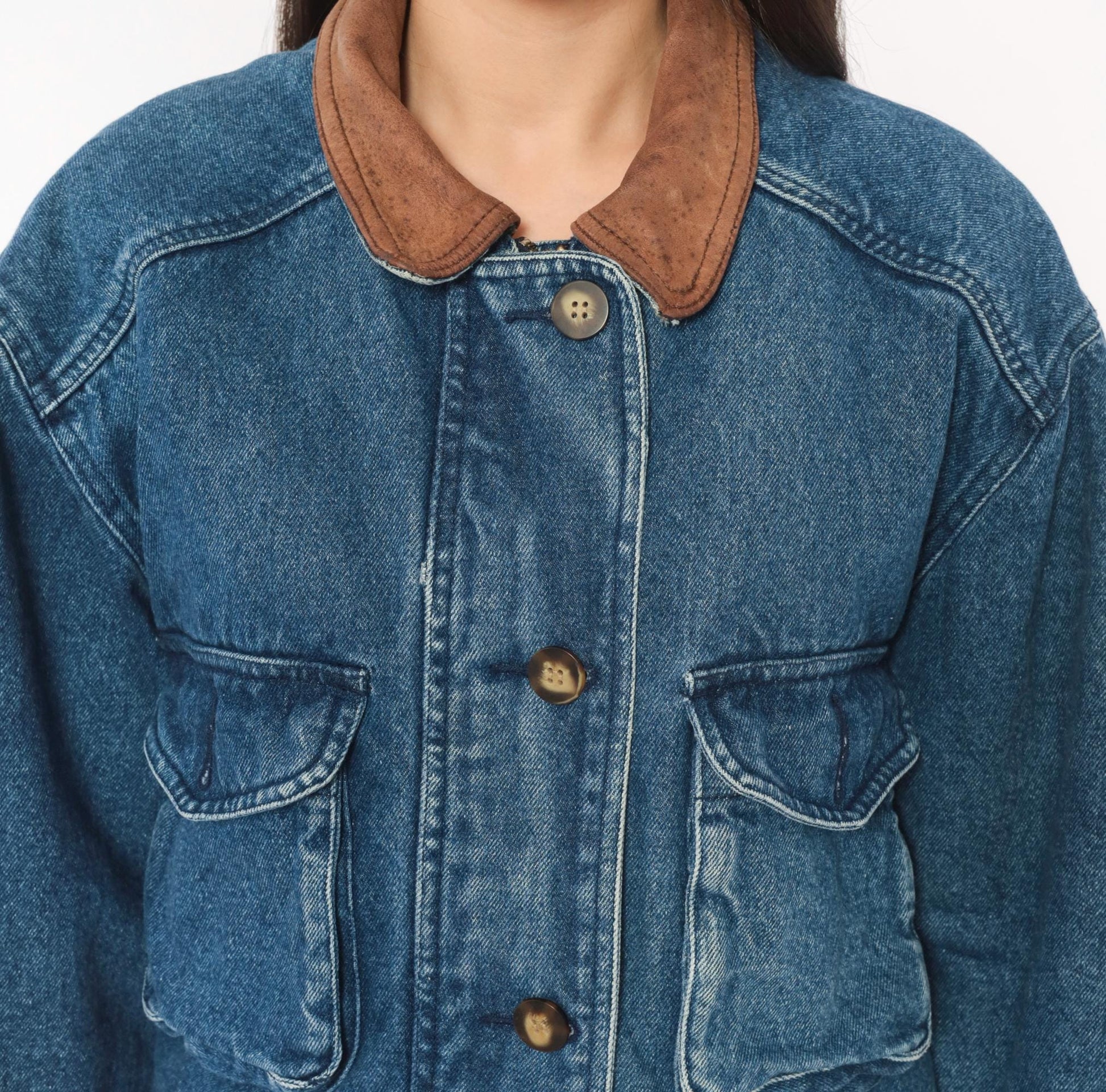 90s Kings Bay Denim Jacket Leather Collar Brown Cotton Workwear Medium M