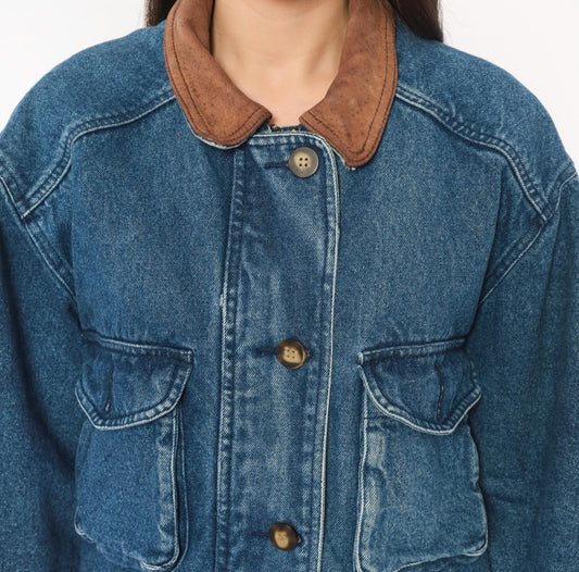 90s Kings Bay Denim Jacket Leather Collar Brown Cotton Workwear Medium M