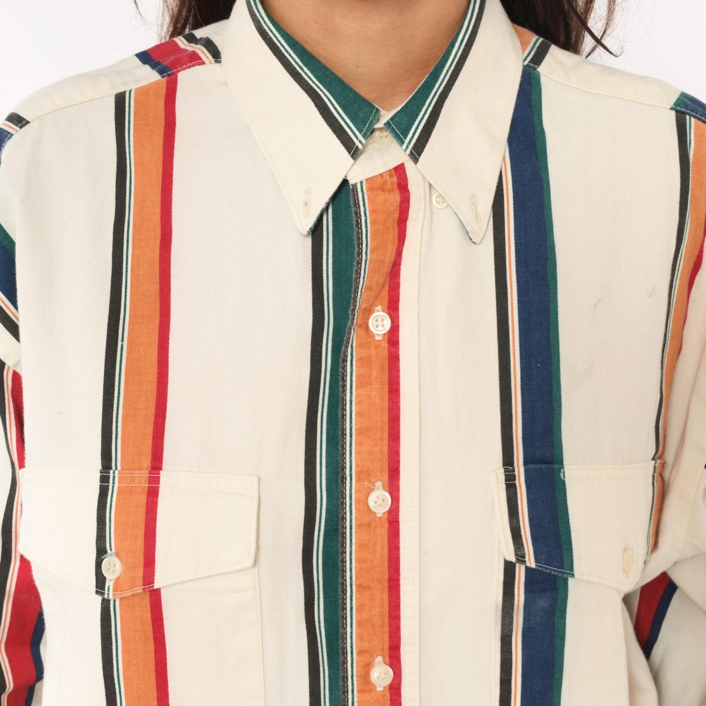 90s Wrangler Striped Button-Up Shirt Cream Navy Orange Vertical Stripe Western Extra Large XL