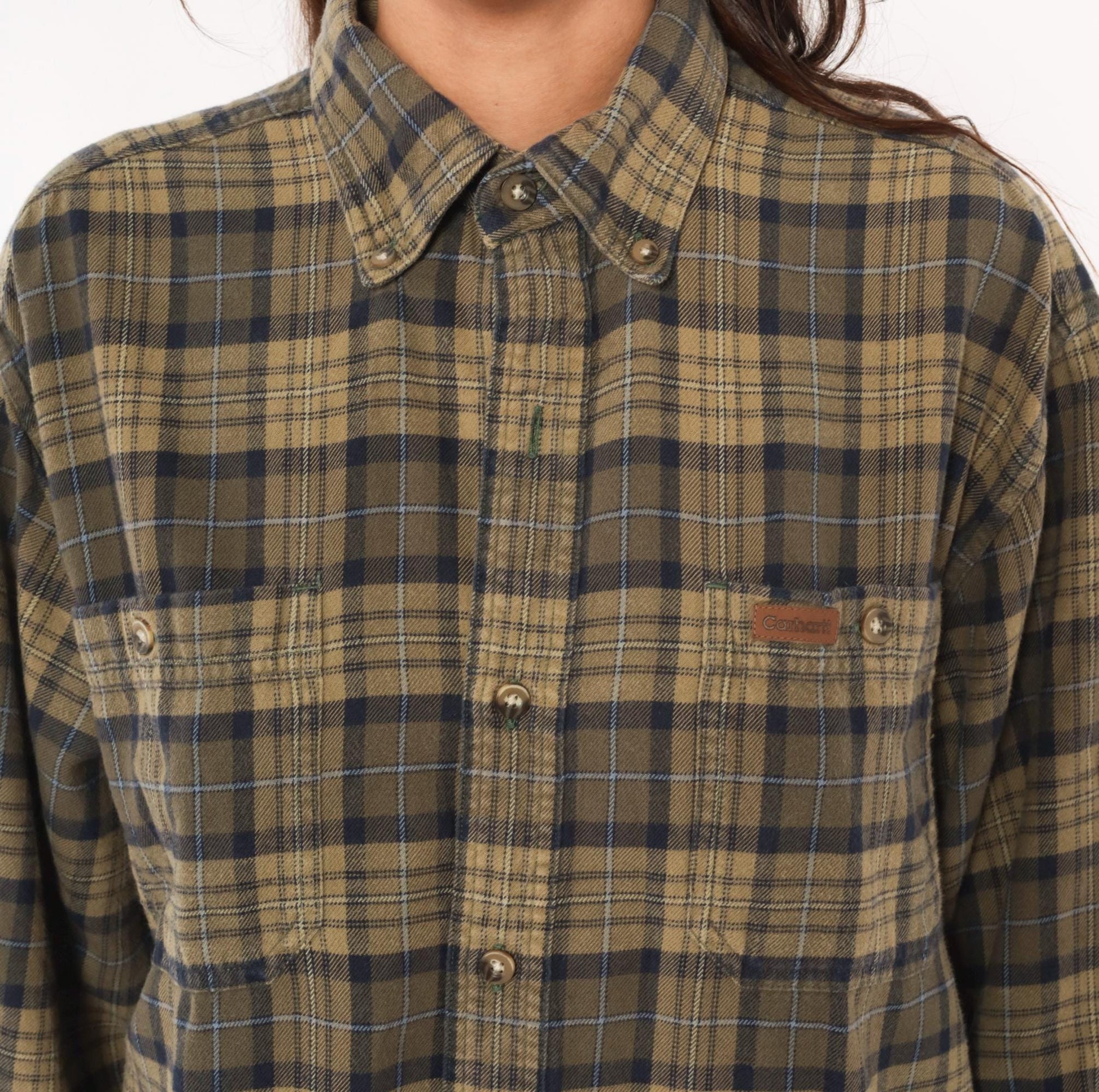 2000s Carhartt Plaid Flannel Shirt Tan Navy Button Down Medium