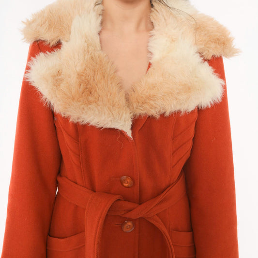 70s Burnt Orange Wool Coat Faux Fur Collar Belted Knee-Length Small