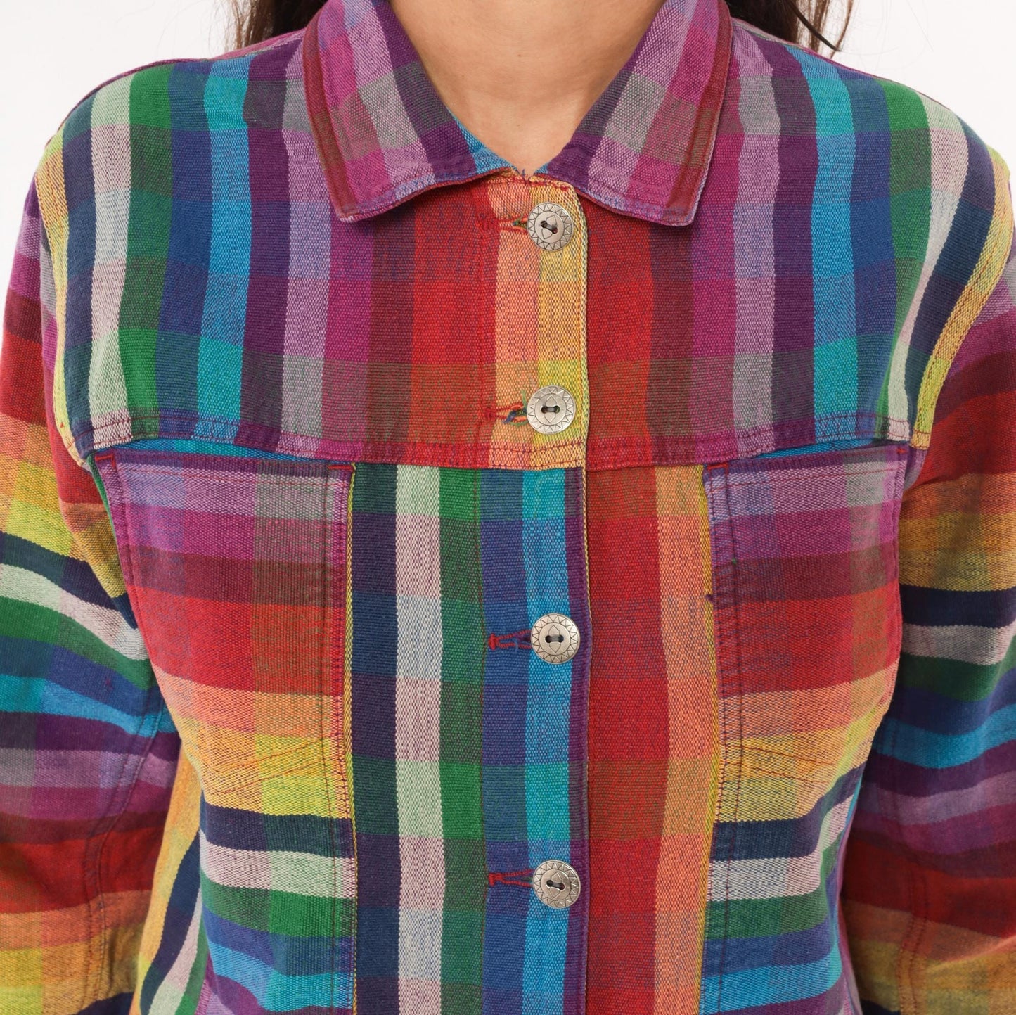 Y2K Chico's Design Rainbow Plaid Cropped Jacket Cotton Small S