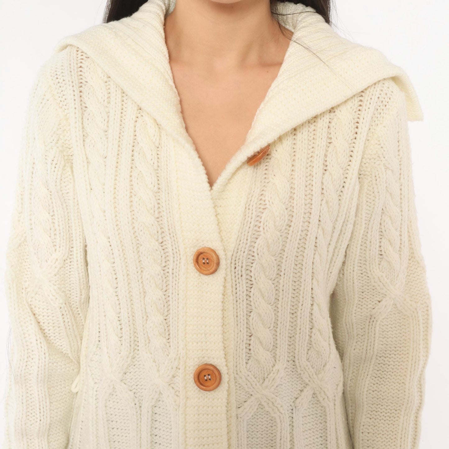 70s Exclusive Imports Cable Knit Cardigan Cream Fold-Over Collar Large L