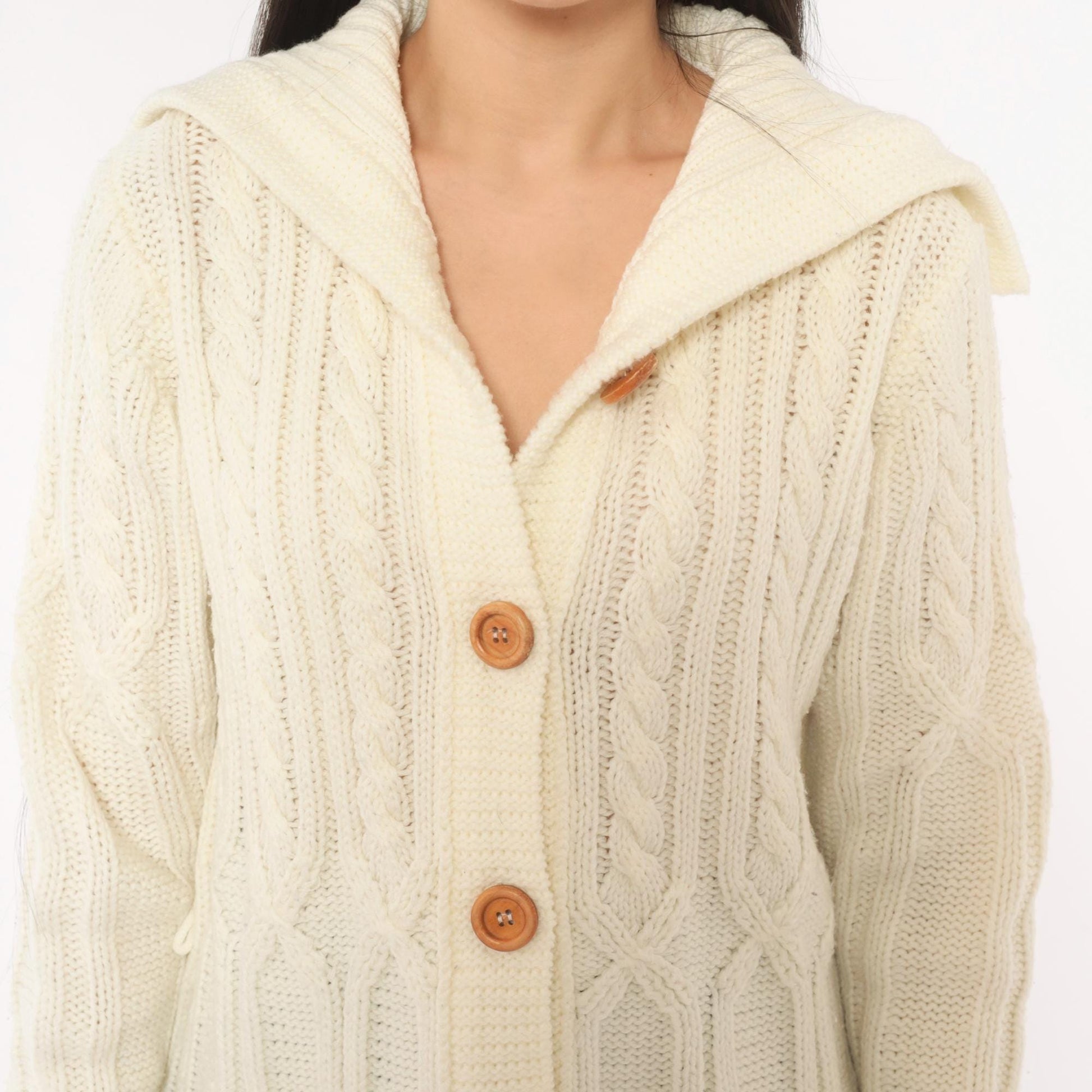 70s Exclusive Imports Cable Knit Cardigan Cream Fold-Over Collar Large L