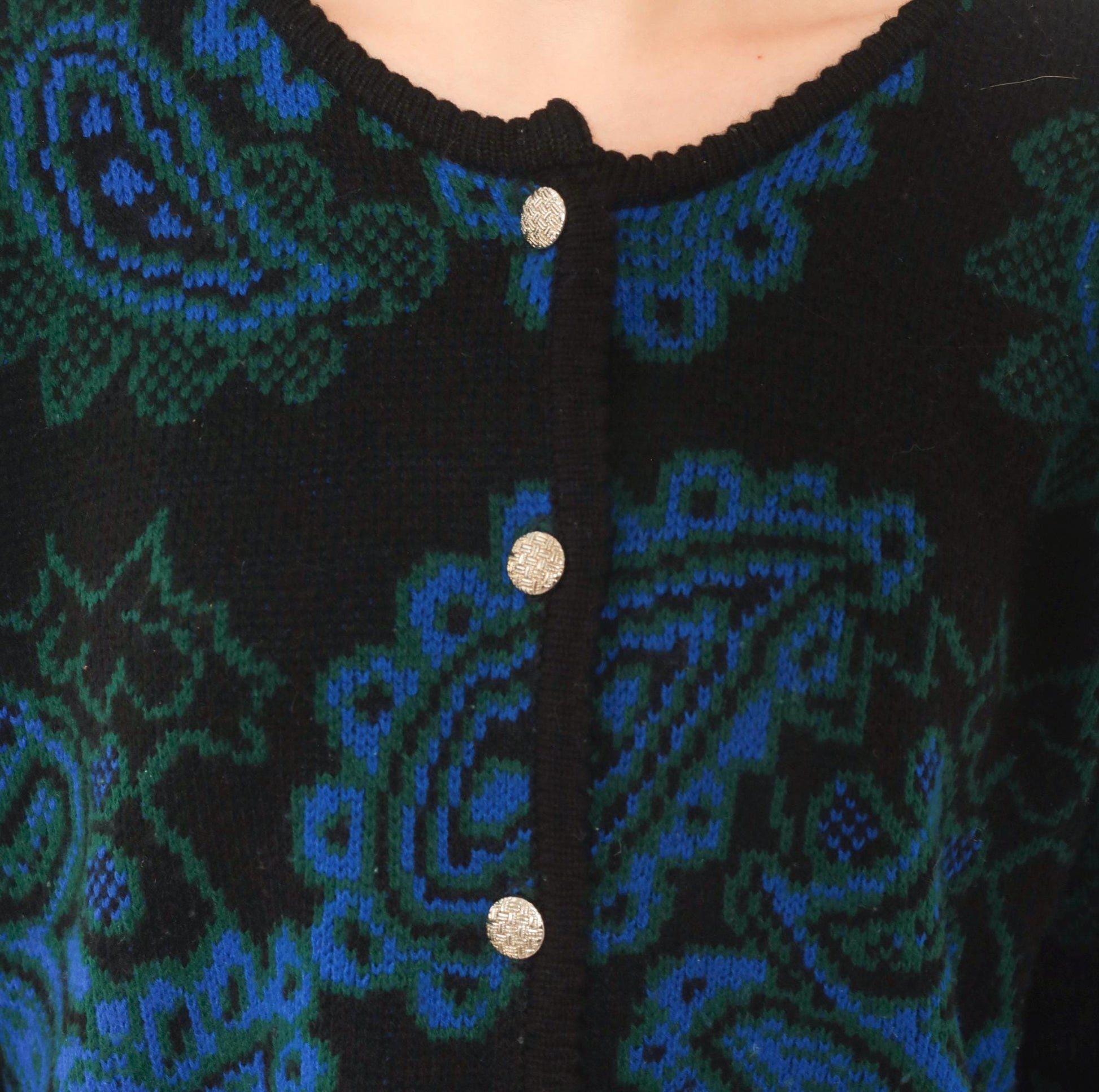 70s Tally-Ho Paisley Jacquard Cardigan Blue Green Black Button Front Large