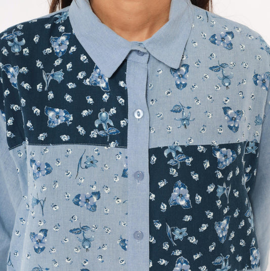 90s Tapestry Patchwork Floral Button-Up Shirt Blue Navy Cotton Blend Extra Large