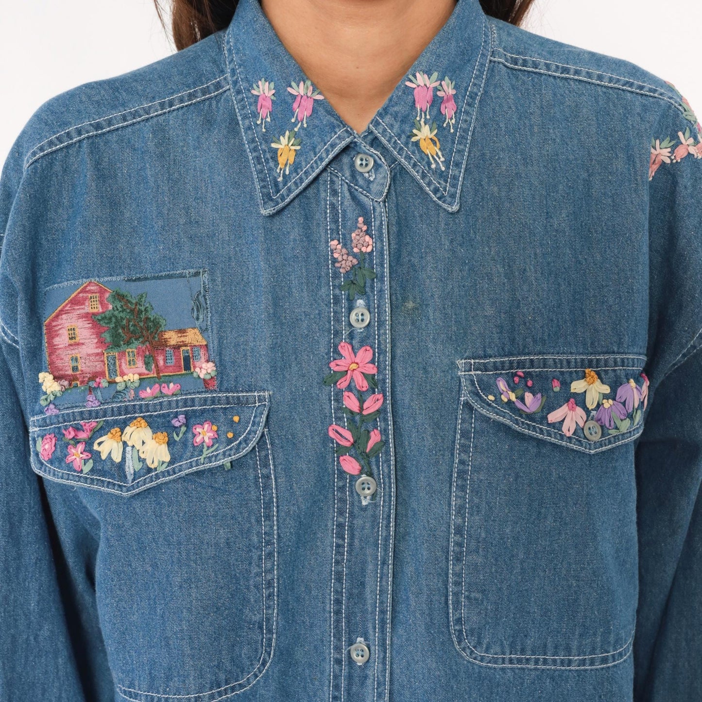 90s Short Circuit Blues Denim Shirt Hand-Painted Floral Garden Multicolor Large L