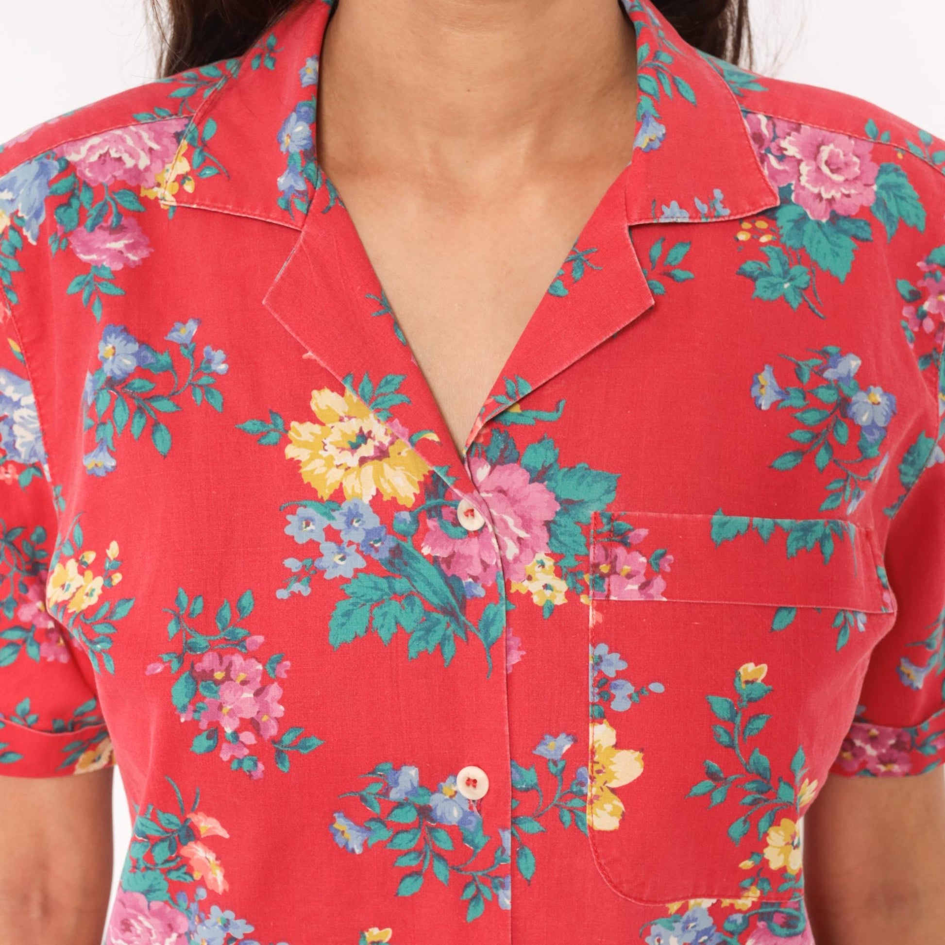 90s Bentley Arbuckle Floral Button-Up Camp Shirt Red Cotton Small