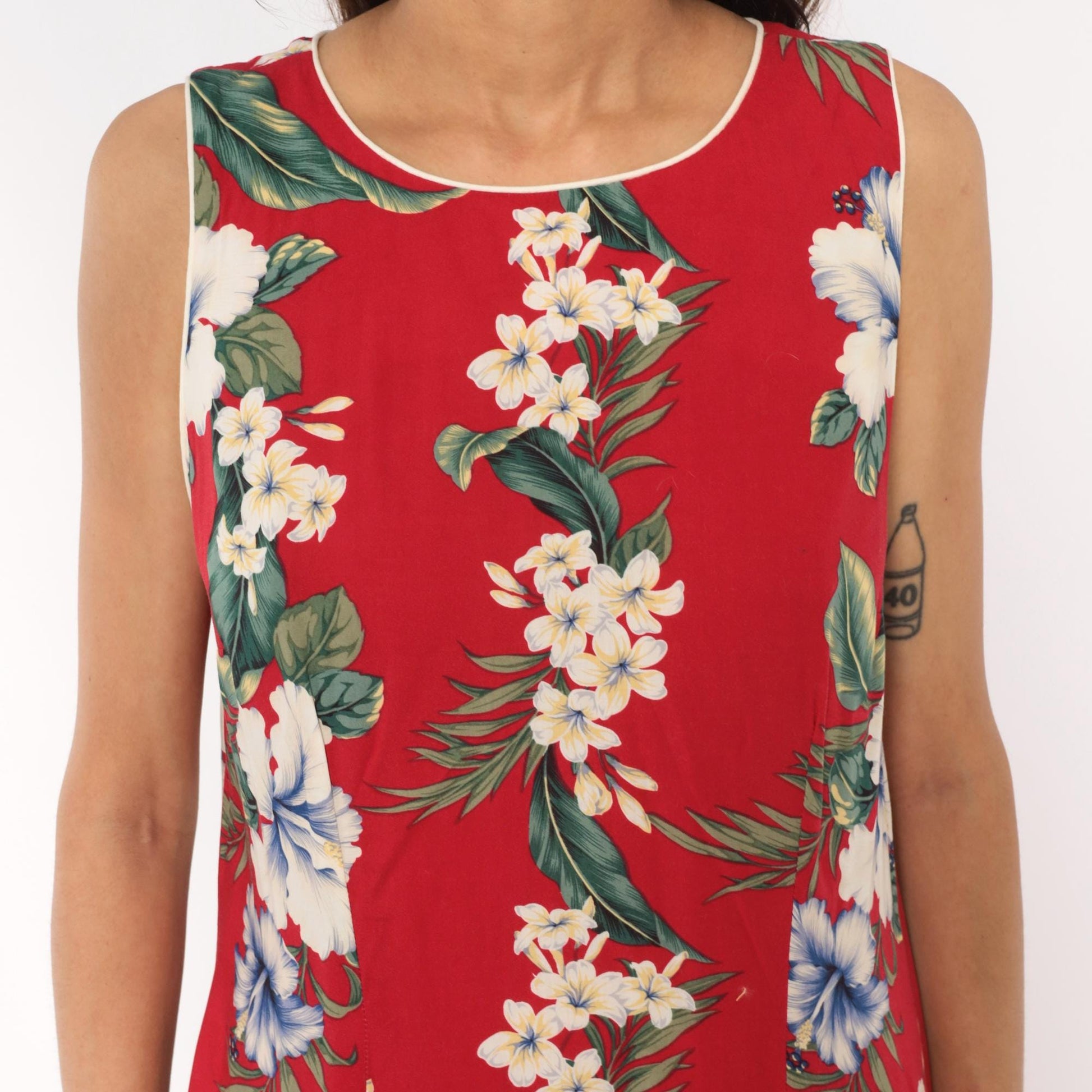 90s Iolani Hawaiian Maxi Dress Red Tropical Floral Sleeveless Large L