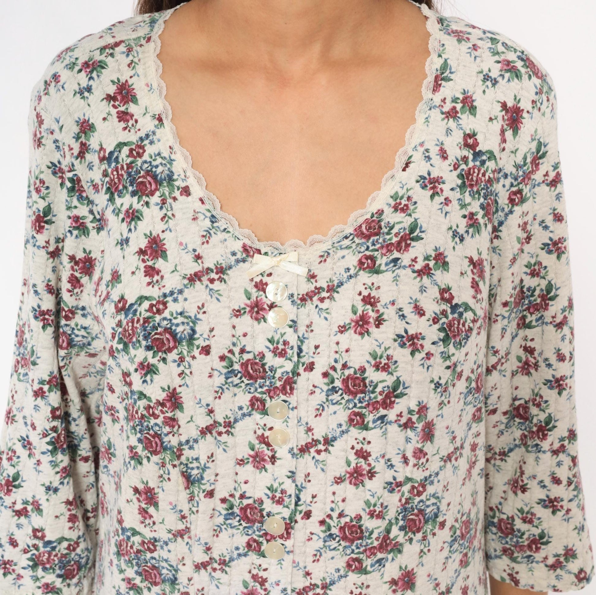 90s More En Focus Floral Midi Dress Bell Sleeve White Burgundy Large L