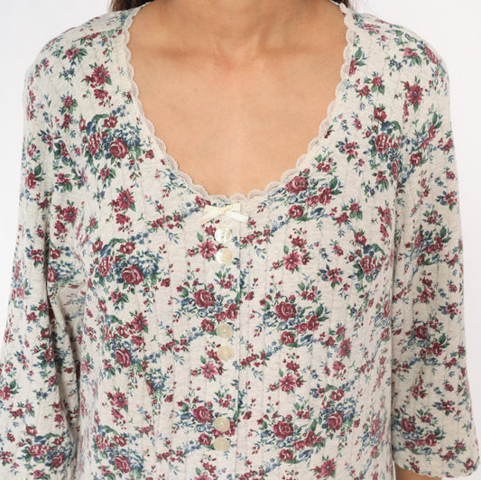 90s More En Focus Floral Midi Dress Bell Sleeve White Burgundy Large L