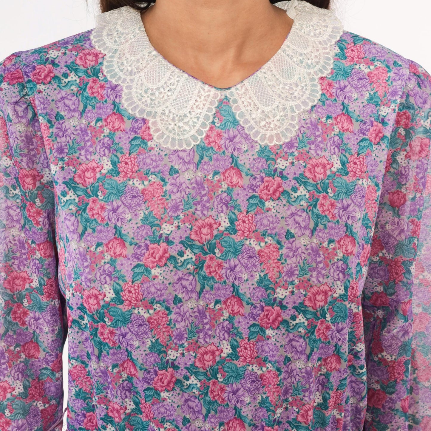80s M.C.S.Ltd. Floral Midi Dress Puff Sleeve Peter Pan Collar Purple Large L
