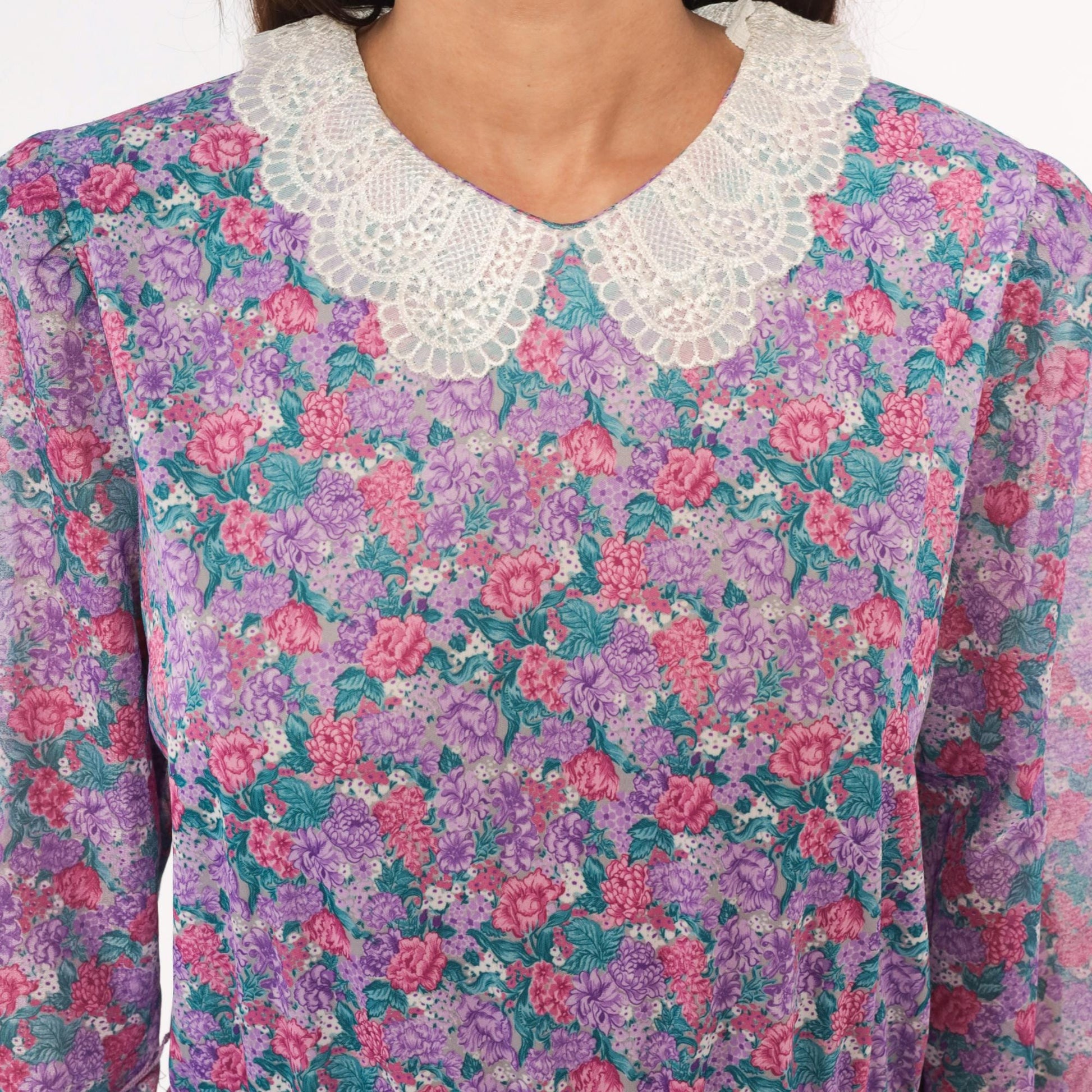 80s M.C.S.Ltd. Floral Midi Dress Puff Sleeve Peter Pan Collar Purple Large L